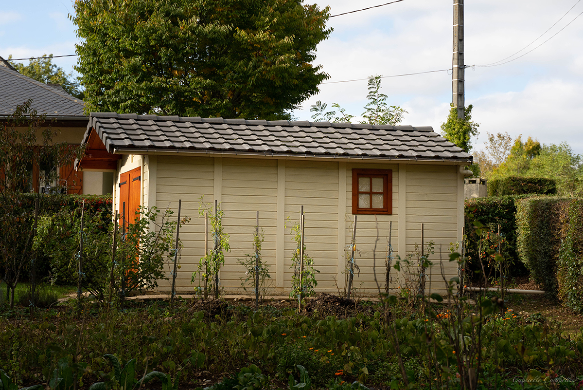 Grand abri de jardin en béton aspect bois pour du stockage au jardin